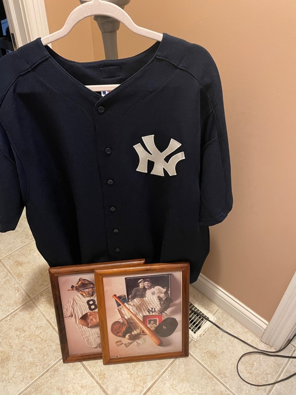 Majestic Navy Mens Button-Up Jersey with White NY Logo